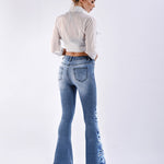Stretch Embroidered Print Denim Wide Leg Trousers
