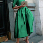 A-Line Loose Pleated Pockets Solid Color Split-Joint Round-Neck Midi Dresses