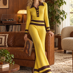 Retro Yellow Striped Polo Collar Knit Top Wide-Leg Pants Matching Sweater Set