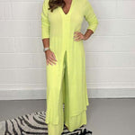 Nadorine Casual Two Pieces Suit V-Neck Long Sleeve Slit Hem Shirt Tops Wide-Leg Pants Sets