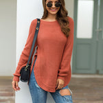 Nadorine Crew Neck Long Sleeve Slit Pullover Knit Sweater