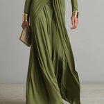 Women's Olive Silky Stretchy Dress With Deep V-Neck & Ruched Detail, Glamorous Maxi Dress