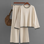 Nadorine Casual Two Piece Set Contrast Color Sweater Top & Wide Leg Pants