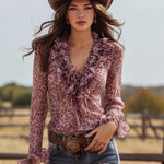 Pink Leopard Chiffon With Ruffled Lace V-neck Long-sleeved Shirt