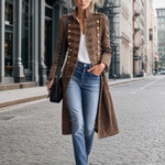 Vintage Washed Denim Military Officer Longline Gold-Button Fitted Statement Coat Women