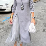 Jollie Knit Long Sleeve Front Slit Midi Sweater and Pleated Tulle Stretch Tank Midi Dress Two-piece Set