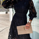 Romantic, Sensual and Elegant Crochet Lace Lantern Sleeve Party Midi Dress