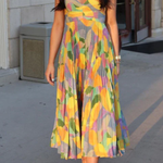 V Neck Printed High Waist Pleated Midi Cami Dress