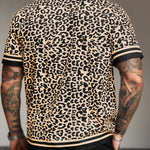 KZZ Men's Casual Short-Sleeve Shirt with Leopard Print Color-Blocking and Spread Collar