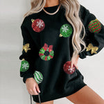 Nadorine Black Sequined Christmas Graphic Pullover Sweatshirt