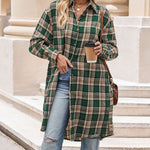 Nadorine Plaid Longline Button-Up Shacket Lapel Neck Long Sleeve Shirt Pocket