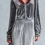 Chic Casual Striped & Leopard-Trimmed Grey Velour Jumpsuit