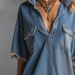 Stylish And Casual Frayed-edge Blue Denim Short-sleeved Mini Dress