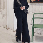 Lounge Set Casual Side Slit Knitted Sweater Pullover Top Wide Leg Pants Two Pieces Tracksuit