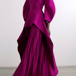 Long Sleeves Loose Pleated Solid Color Split-Joint Tiered Round-Neck Maxi Dresses
