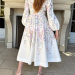 Moira Long Puff Sleeve Multicolor Floral Midi Dress