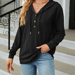 Solid Color Hooded Loose-Fitting Long-Sleeved Sweatshirt with Buttons