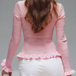 Pink Stand-up Collar Zipper Ruffled Mesh Knit Cardigan