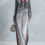 Chic Casual Striped & Leopard-Trimmed Grey Velour Jumpsuit