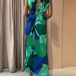 Loose Sleeveless Pleated Printed Split-Joint Deep V-Neck Maxi Dresses