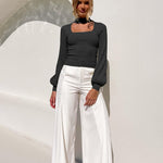 Lantern Sleeve Hollow Half Turtleneck Knit Sweater
