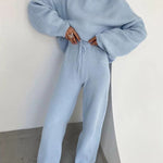 Nadorine Casual Street Loose Two-piece Sweatsuit Hooded Knitted Loose Top + Wide-leg Pants