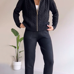 Nadorine Women's Casual Twist Jacquard Sweater Cardigan Two-Pieces Set