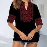 Nadorine Summer V Neck Boho Embroidered Shirts Short Sleeve Casual Tops Blouse