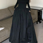 Long Sleeves Pleated Solid Color Split-Joint Off-The-Shoulder Maxi Dresses
