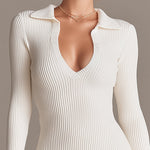 Ribbed Knit Polo Collar Ruffle Hem Mini Dress