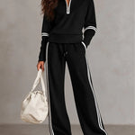 White Half-zip Collar Ribbed Sweatshirt And Color-blocked Wide-leg Pants Suit