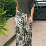 Terrace View Off Shoulder Tie Loose Top and Elastic Waist Unique Print Loose Pants Set