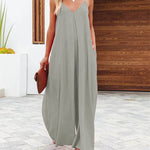 Summer Solid Color V Neck Suspenders Wrapped Wide Leg Long Rompers Pant Jumpsuits