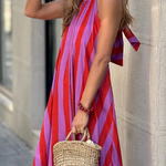 Casual Red Striped Loose Backless Long Dress