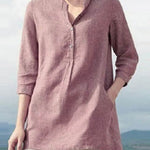 Nadorine Solid Color Mid Sleeve Shirt Retro Urban Casual Stand Collar Loose Blouses