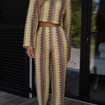 Tamia Knit Colorful Wave Unique Print Crop Top and Stretch Wide Leg Pants Set