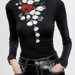 Long Sleeves Skinny Flower Print Split-Joint High Neck T-Shirts Tops
