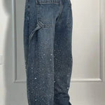 Fashionable Rhinestone Mid-rise Loose Pocket Straight Jeans