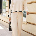 Lounge or Casual Wear Knit Patchwork Color Block Short Sleeve Top and Elastic Wide Leg Pants