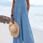 Ethnic Button Suspender Wide Leg Line Jumpsuit