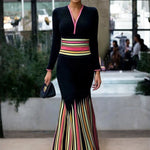 Long Sleeves Skinny Colorful Contrast Color Striped V-Neck Maxi Dresses
