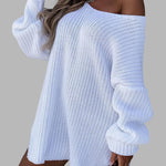 Loose Mid-length Off-shoulder V-neck Slit Knitted Sweater