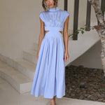 Stand Collar Solid Color Hollow Waist Long Dress