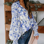 Nadorine Long Sleeve Boho Drawstring Floral Print V Neck Shirt Buttoned Blouse Casual Tunic Tops