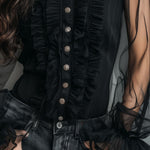 Vintage High Neck Black Sheer Organza Blouse With Ruffle Trim