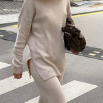 Turtleneck Loose Hem Slit Long Sleeve Knitted Pullover Sweater Tops
