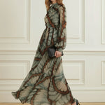 Balloon Sleeves Long Sleeves Big Hemline Contrast Color Pleated Print Zipper Stand Collar Maxi Dresses