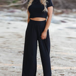 Two Piece Outfit Short Sleeve Crop Top and Wide Leg Pant Set