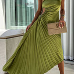 Romantic Nights Satin Raised Flower Elastic Cutout One Shoulder Pleated Maxi Dress