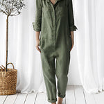 Nadorine Women's Casual Lapel Pocket Long Sleeve Solid Color Cotton Jumpsuit